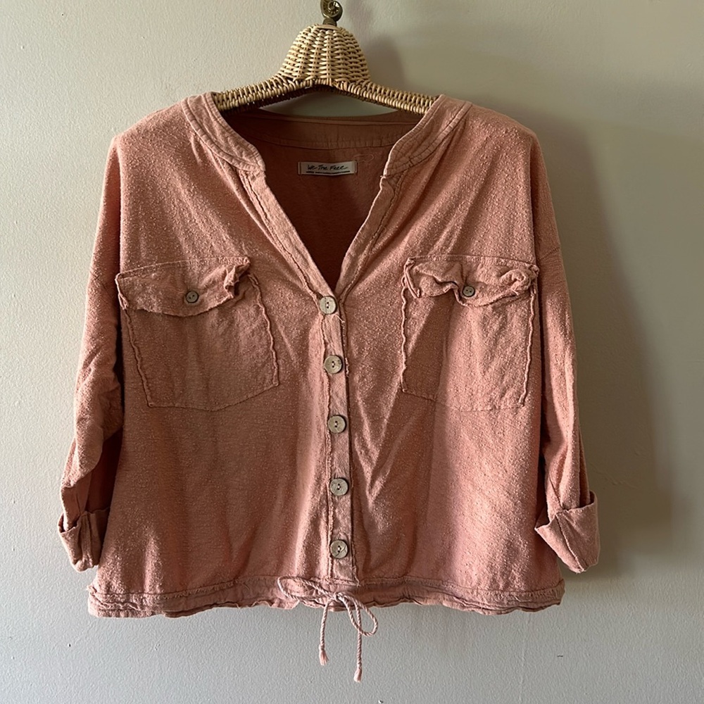 We the Free textured peach button up v neck top size medium